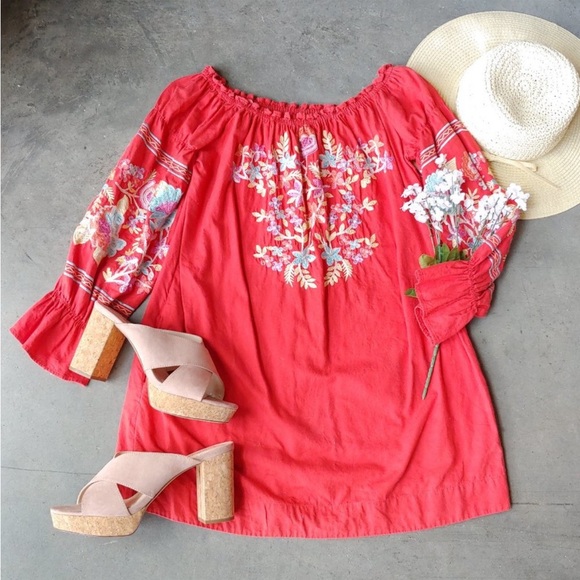 Free People Red Floral Embroidered Off The Shoulder Mini Dress XS - Picture 10 of 10